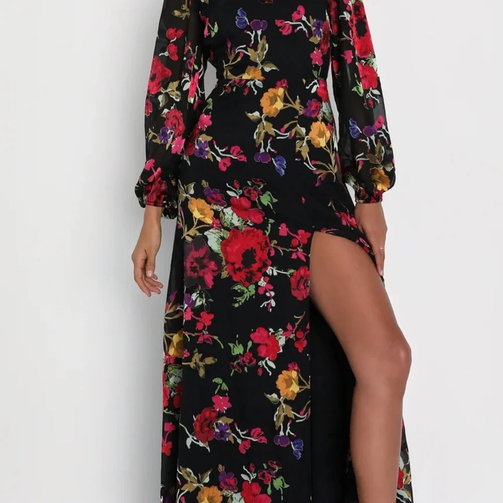 Lulu's Black Floral Long Sleeve Maxi Dress - Picture 3 of 3
